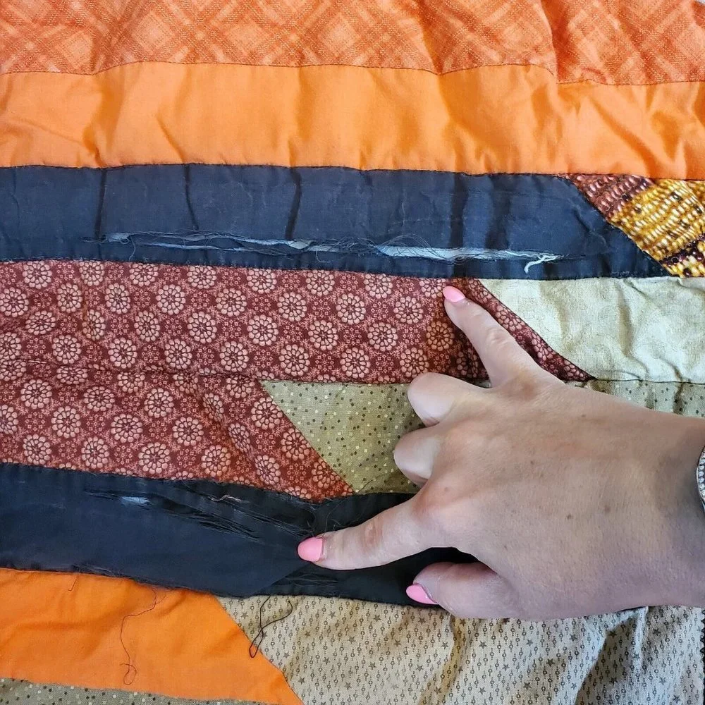 Handmade Jelly Roll‎ Fall Autumn Leaf Quilt Brown Orange NEEDS REPAIR 62x48